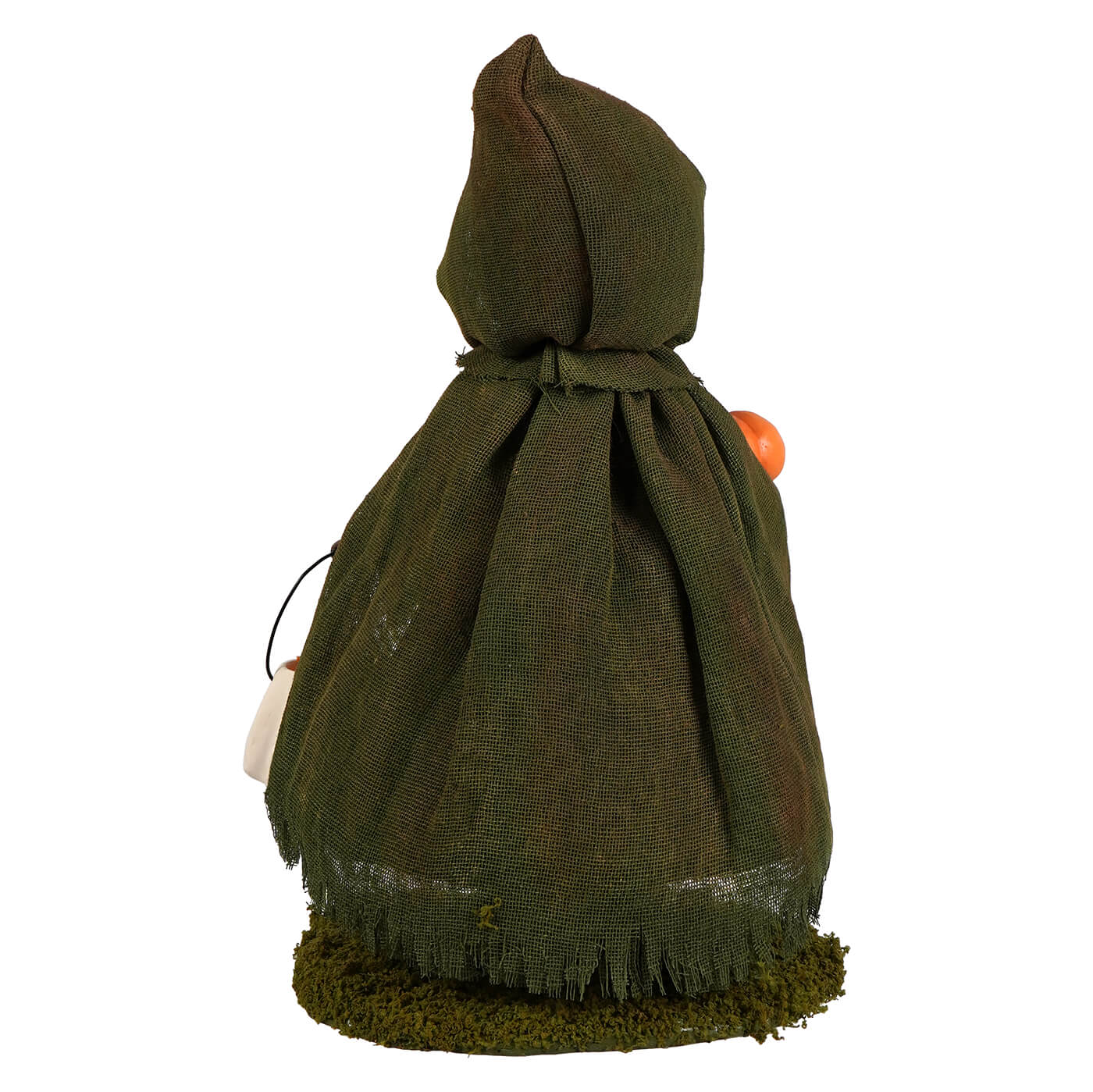 Olive green hooded susie pumpkin figurine with frayed fabric edges and small orange detail by bethany lowe