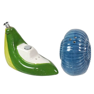 Green and yellow ceramic snail salt and pepper shaker with silver top and blue shell pepper shaker perfect for easter tableware