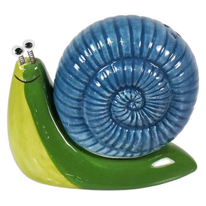 A glossy blue and green ceramic snail salt shaker with googly eyes perfect for easter tableware and snail salt pepper sets