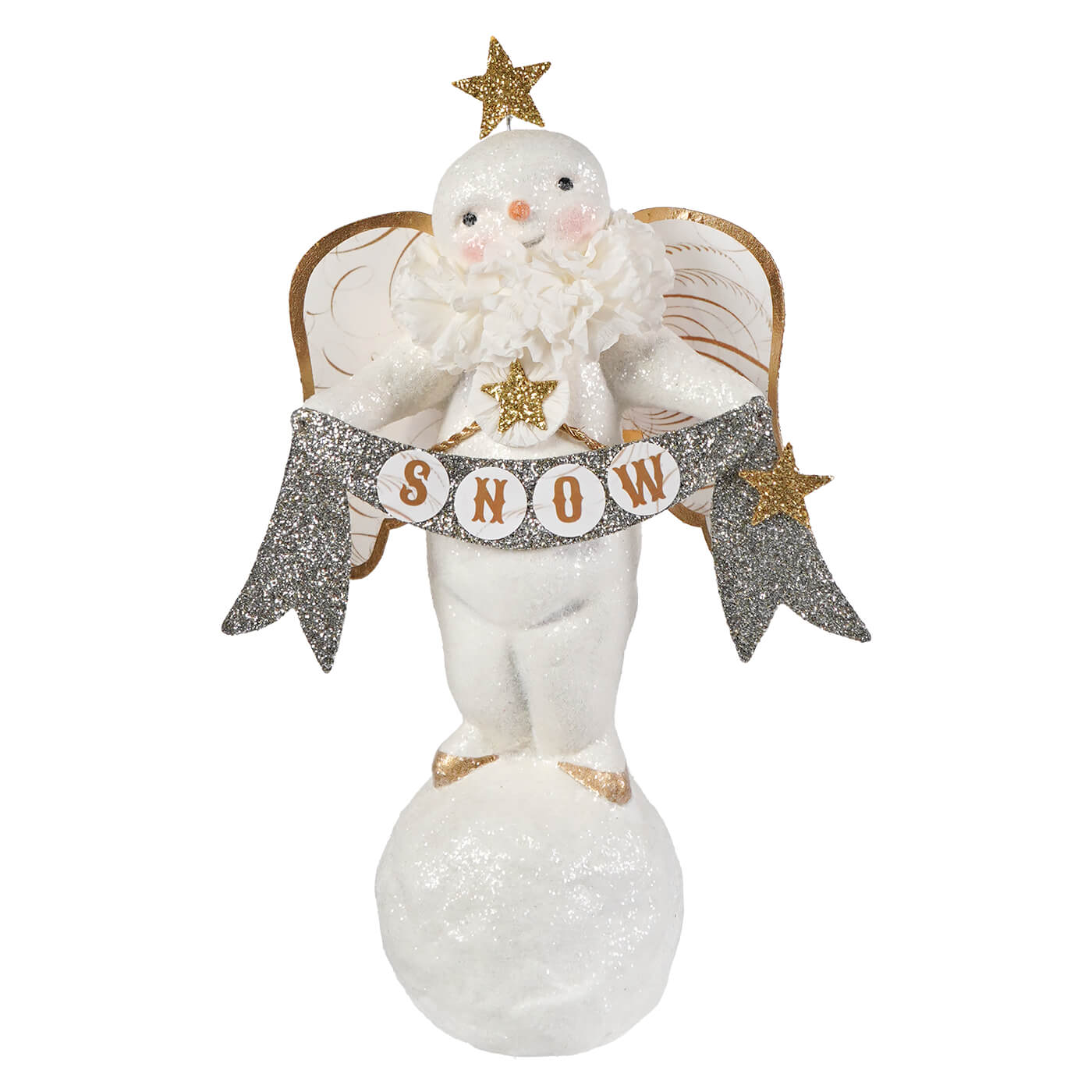 White glittery snowman angel figurine with gold wings and silver snow banner perfect classic angel tree toppers decor