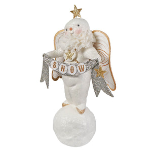 Snow angel on snowball glittery white snowman angel figure with gold accents holding silver snow banner classic angel tree toppers