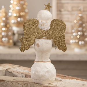 A white ceramic snow angel on snowball with glittery gold wings and floral detail classic angel tree toppers decor