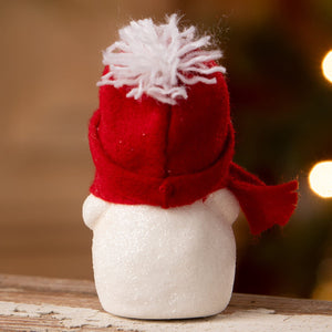 A festive red and white felt snowboy with glasses and a fluffy pom-pom hat from bethany lowe designs christmas snowman decor