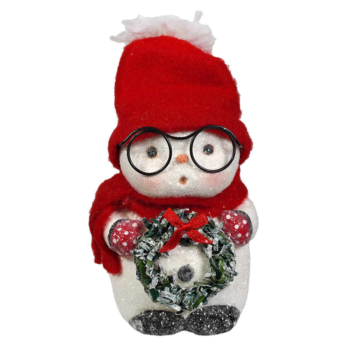 Festive snowboy with glasses from bethany lowe designs featuring red knit hat scarf glittery body holding wreath for christmas decor