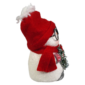 Festive bethany lowe designs snowboy snowman figure with red felt, glittery white body, glasses, and green wreath decor
