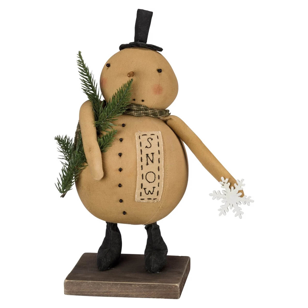 Primitive snowman figurine in snowflake and greens design perfect for christmas snowman figures and decor