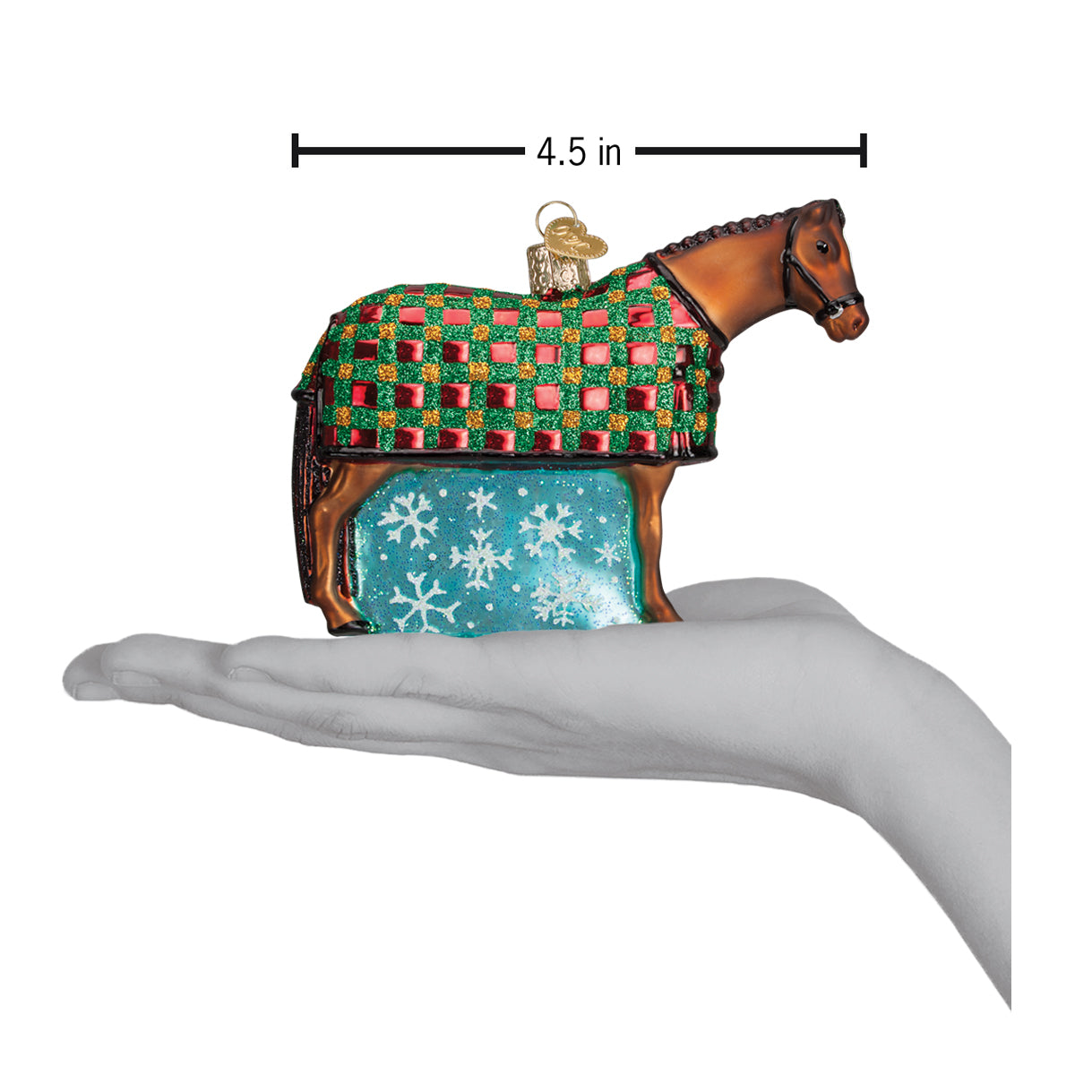 Brown glass dressage horse ornament with green red checkered blanket and blue snowflake lighted decor base