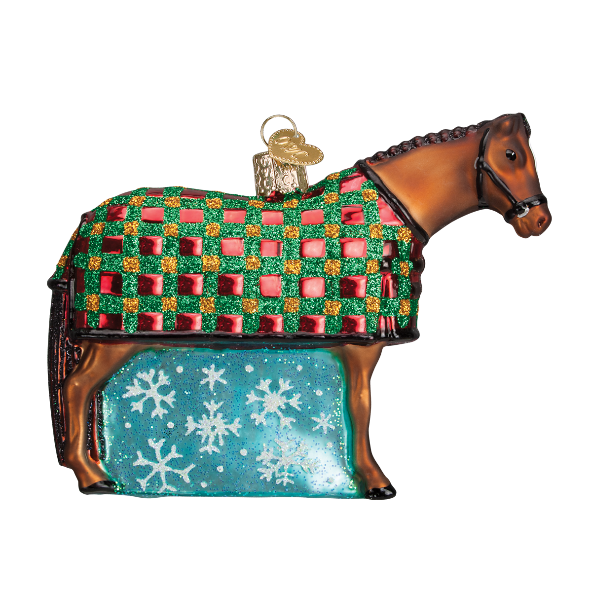 A festive glass snowflake horse ornament with brown body wearing a green red glittery blanket and turquoise base, perfect as lighted decor or dressage horse ornament