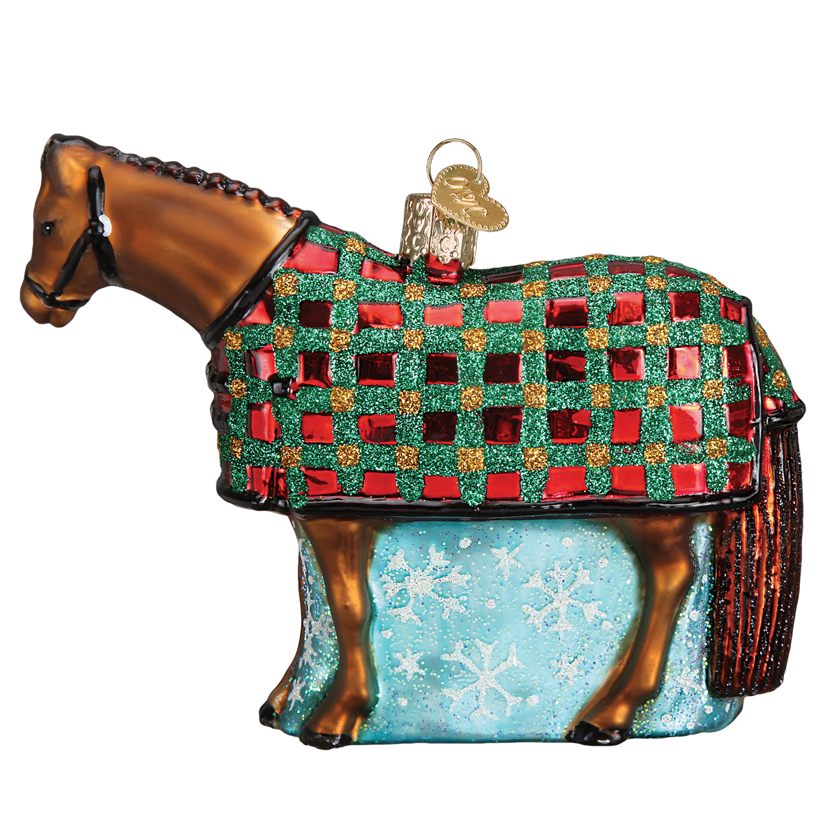 A festive glossy brown glass horse ornament wearing a glittery red and green plaid blanket, perfect figural decor