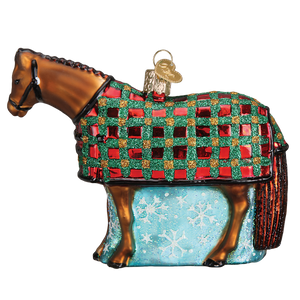 A festive glossy brown glass horse ornament wearing a glittery red and green plaid blanket, perfect figural decor