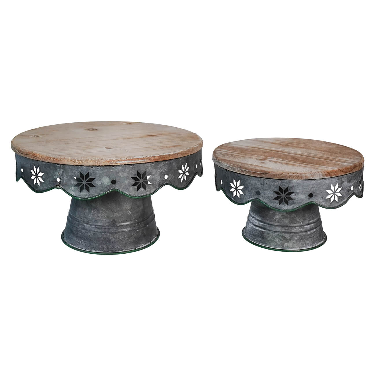 Two decorative cake stands with wooden tops and metal bases featuring floral cutout designs.