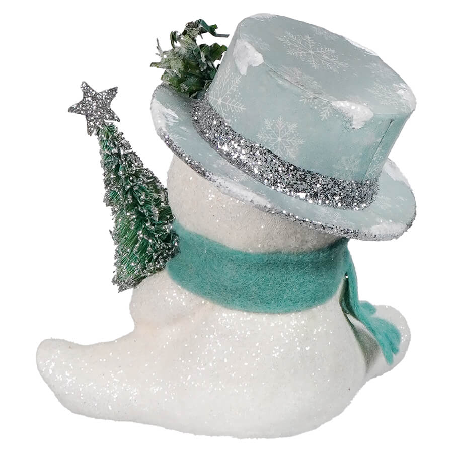 Festive white bethany lowe designs hat snowman with teal scarf holding a mini christmas tree with star topper
