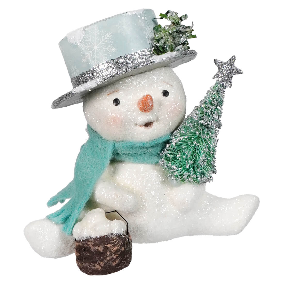 A charming white bethany lowe designs hat snowman figurine with a glittery silver top hat teal scarf and green christmas tree