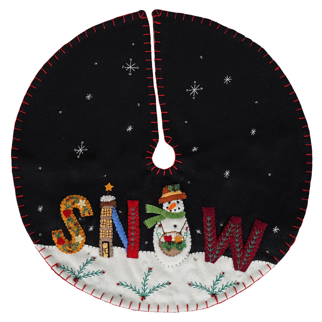 Black felt christmas tree skirt with red stitching and snowman helping to spell out snow in autumnal tones
