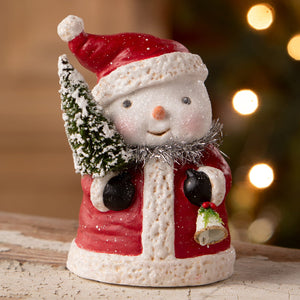 Red and white ceramic snowman in santa suit holding miniature snowy tree and bell by bethany lowe designs christmas snowman figures and decor