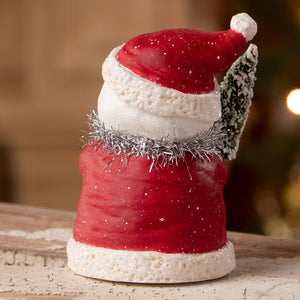 Red and white santa suit snowman figurine with glittery snowflakes silver tinsel and miniature snowy tree from bethany lowe designs