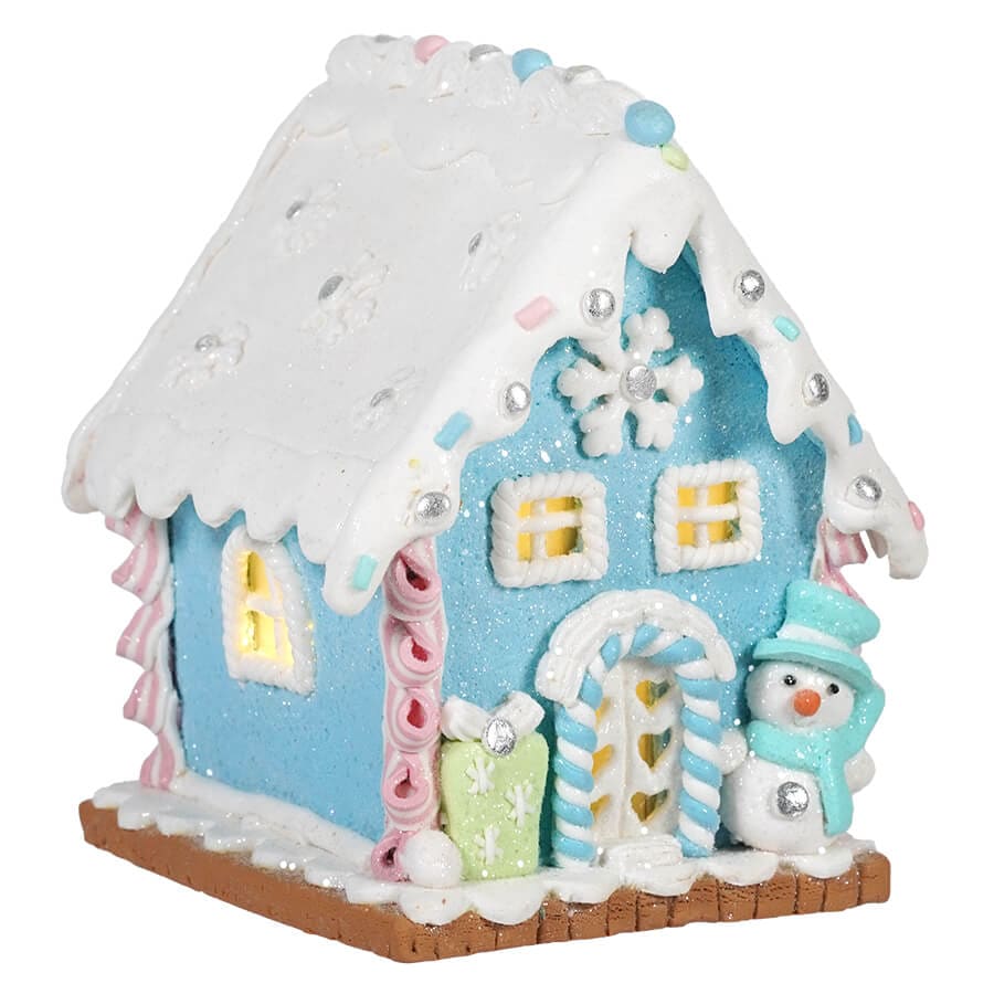 Snowman Lighted Blue Gingerbread House - Christmas