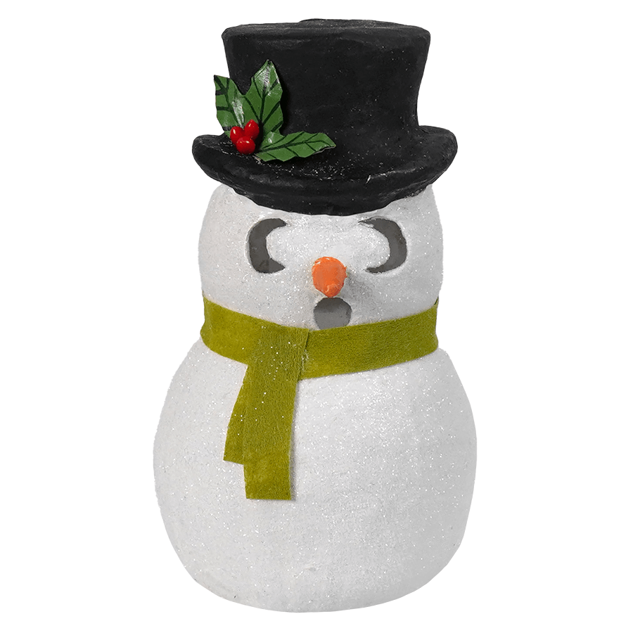 White glittery snowman luminary surprised from bethany lowe designs with black top hat holly and olive green scarf christmas decor