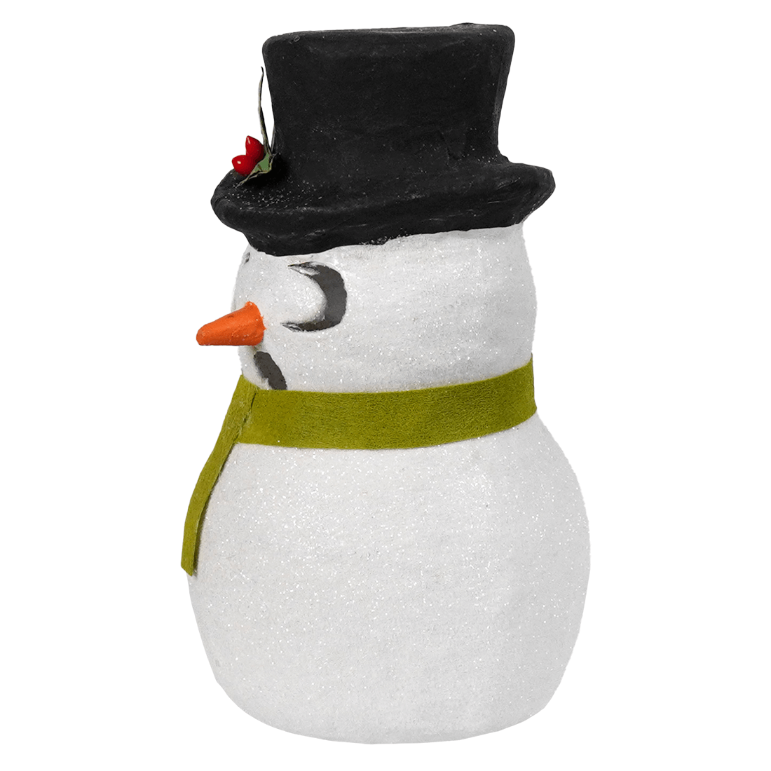 White glittery snowman luminary surprised figurine with black top hat red berries and olive green scarf by bethany lowe designs