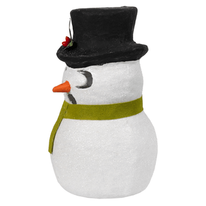 White glittery snowman luminary surprised figurine with black top hat red berries and olive green scarf by bethany lowe designs