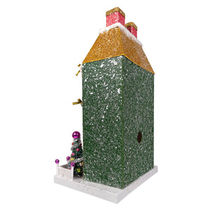 Glittery green house shaped advent calendar with gold glitter roof and red chimney from snowman manor by cody foster