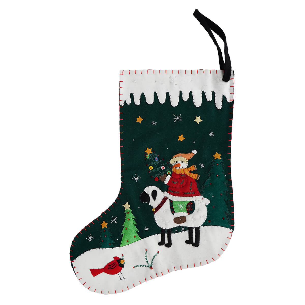 A festive green and white felt sheep stocking with a stitched snowman riding a sheep and embroidered christmas details