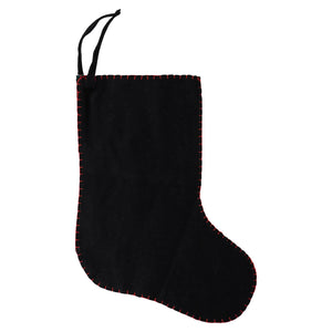 Black velvet sheep stocking with red stitching and black drawstring perfect for christmas stockings decor