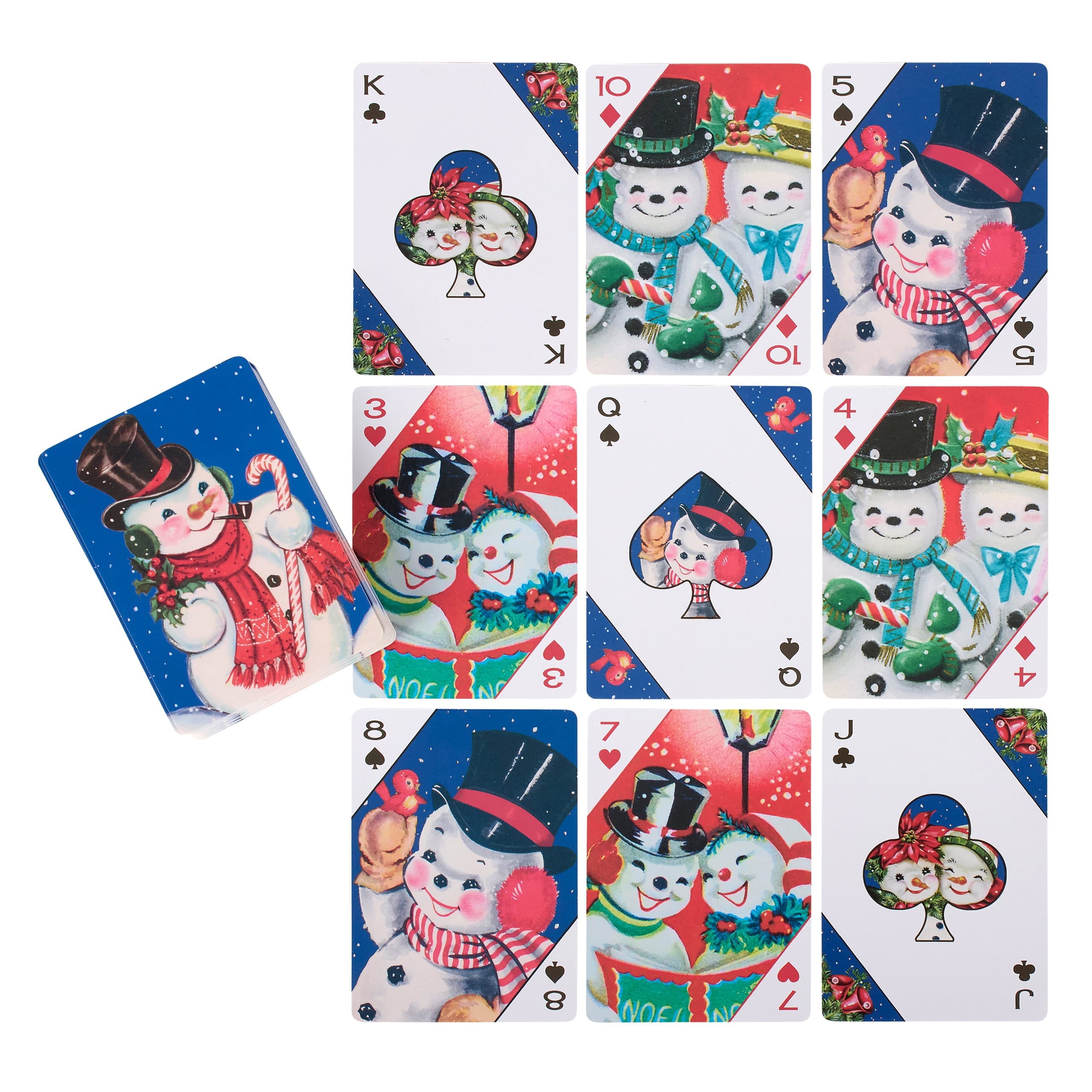 Set of vintage-style christmas playing cards featuring cheerful snowmen on blue and red backgrounds perfect for santa playing cards fans