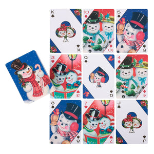 Set of vintage-style christmas playing cards featuring cheerful snowmen on blue and red backgrounds perfect for santa playing cards fans