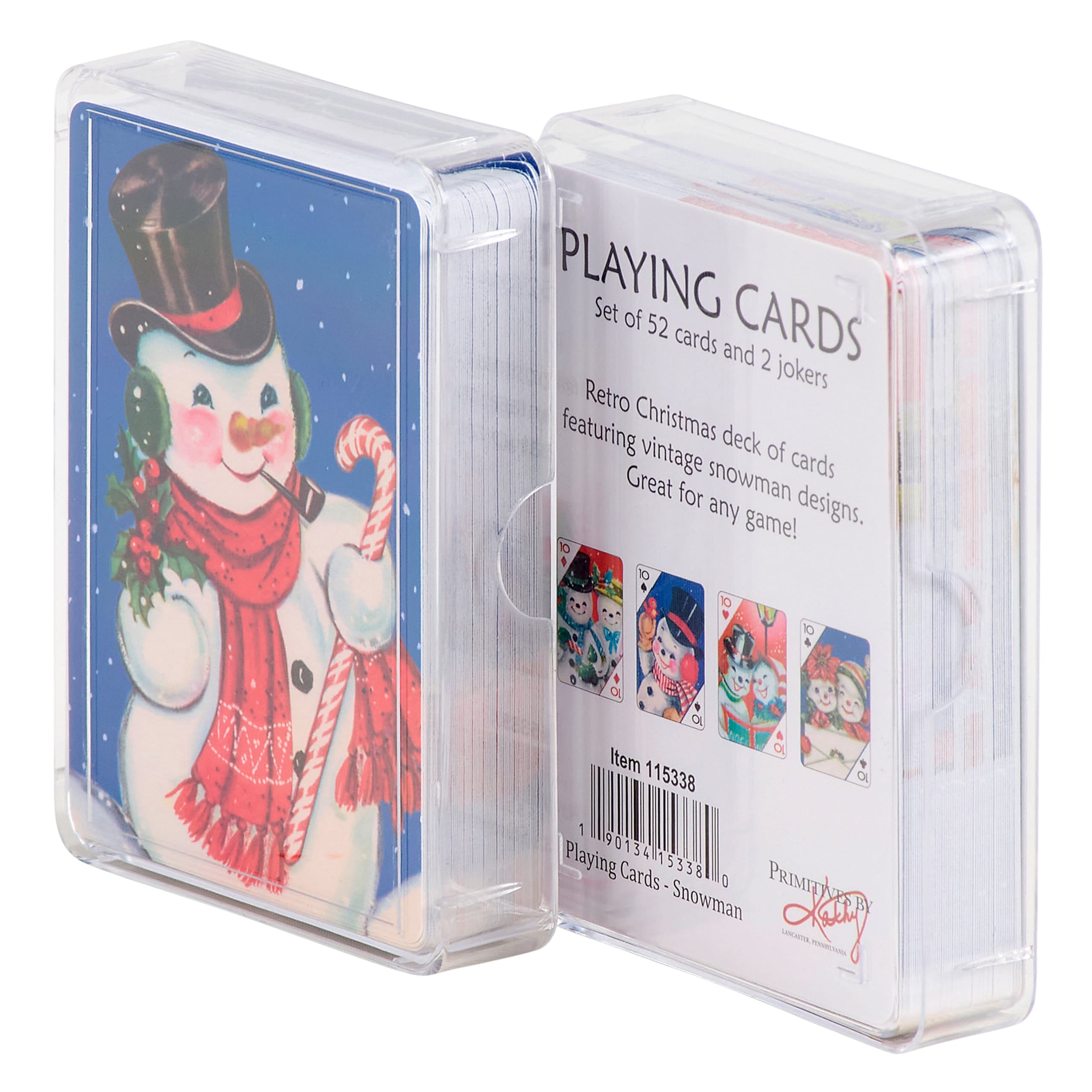 Retro christmas playing cards featuring vintage snowman with black top hat and red scarf in clear plastic case