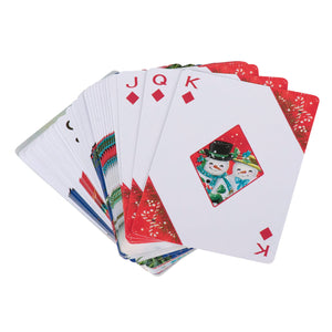 A festive red and white snowman playing cards deck with cheerful face cards perfect for christmas playing cards fun
