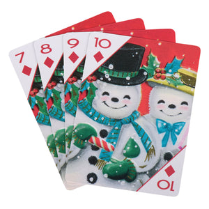 Christmas playing cards with cheerful snowmen in festive attire on red and white decorated card faces