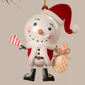 White snowman santa ornament wearing red santa hat, fluffy white scarf, and black boots with gold accents by bethany lowe design