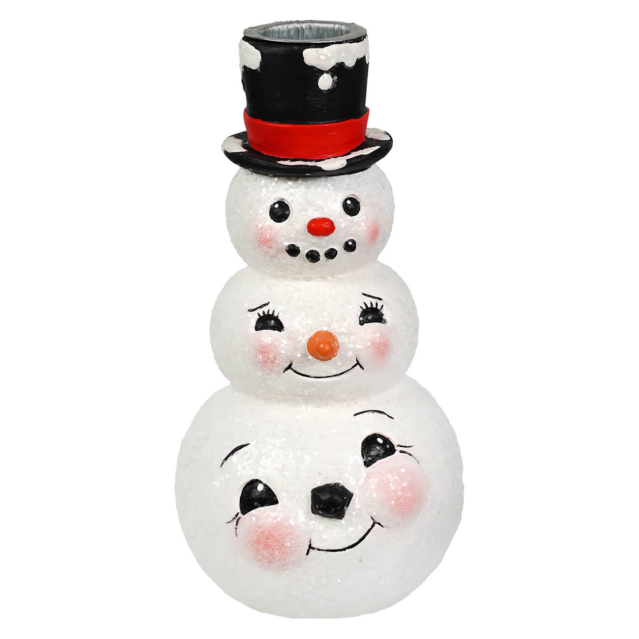 A bethany lowe design snowman stack candlestick with three painted faces and black top hat for christmas candles and candle holders