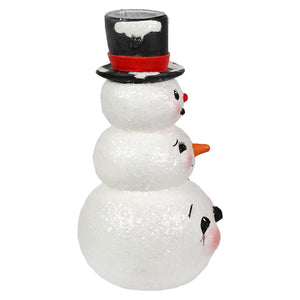 White glittery snowman stack candlestick with black top hat red band and orange nose by bethany lowe design for christmas candles and candle holders