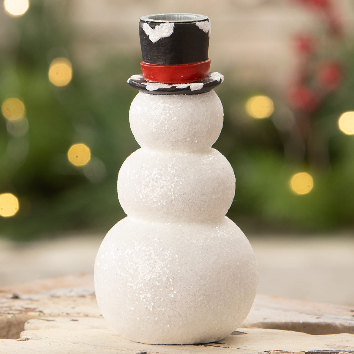 White glittery snowman stack candlestick with black top hat red band by bethany lowe design christmas candles & candle holders