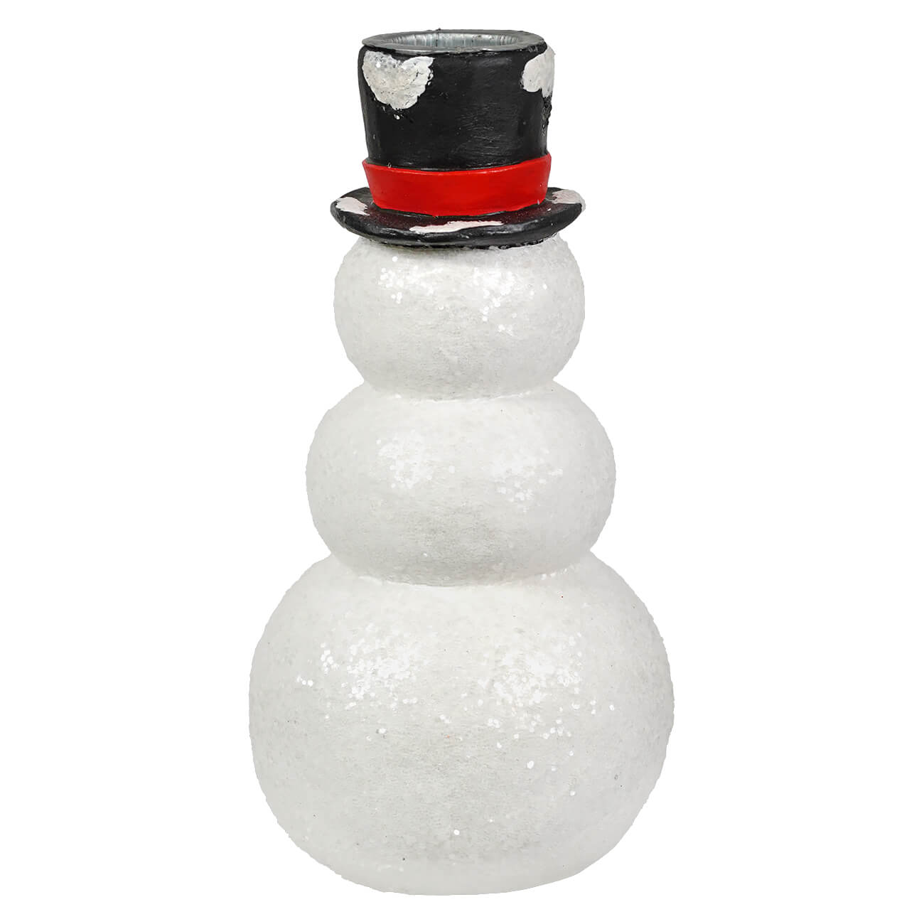 White glittery snowman stack candlestick candle holder with black top hat red band and white hearts by bethany lowe design