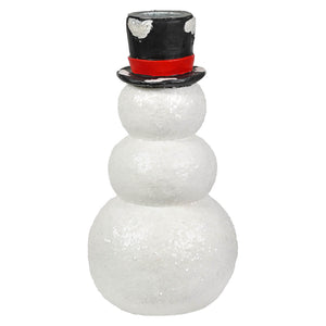 White glittery snowman stack candlestick candle holder with black top hat red band and white hearts by bethany lowe design