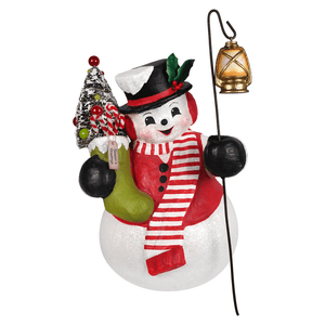 Cheerful snowman stanley figurine by bethany lowe designs with black hat, striped scarf, lantern, and christmas tree decor
