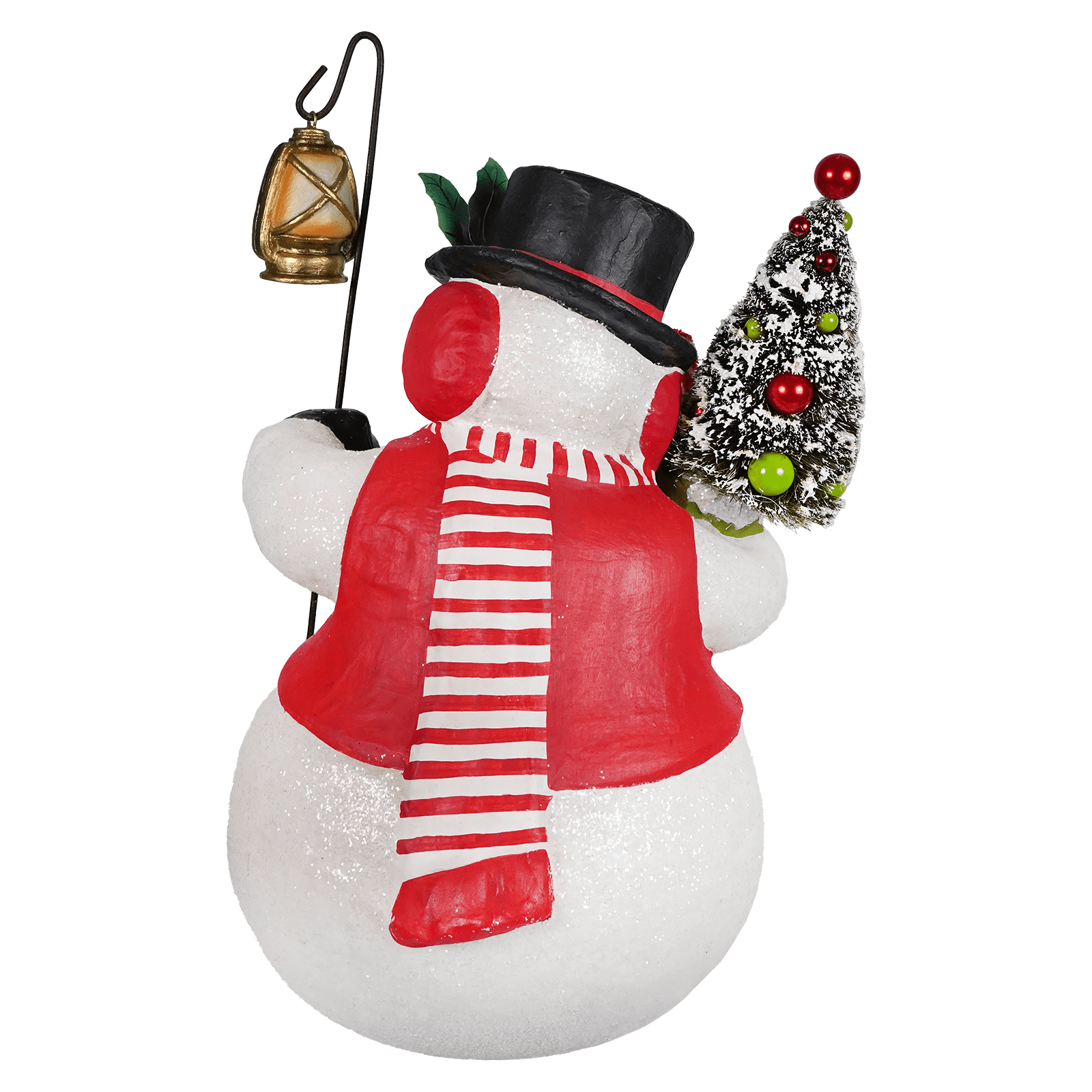 White snowman figure with black top hat red striped scarf holding lantern and tree by bethany lowe designs snowman stanley