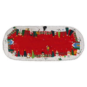 Red felt snowman village table runner with embroidered snowmen trees and festive scenes along white stitched border