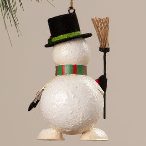 White textured snowman ornament with black top hat green band holding broomstick by bethany lowe design snowman ornaments