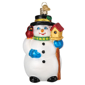 White glass gleeful snowman ornament with black hat blue mittens green scarf figural decor for holiday display