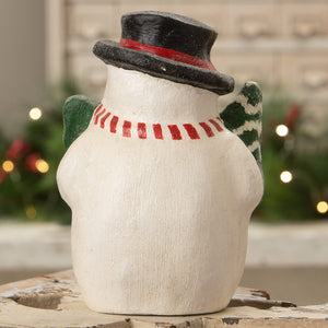 White ceramic snowman figurine with black top hat red band green scarf holding christmas tree bethany lowe designs christmas snowman figures decor