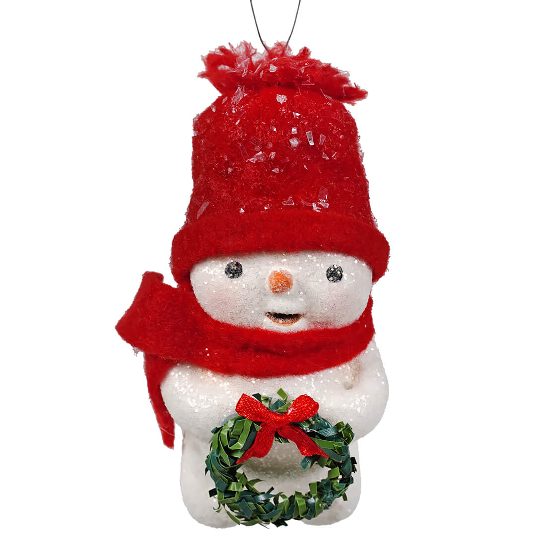 Festive bethany lowe snowman with a glittery red white design holding a green wreath ornament with a red bow