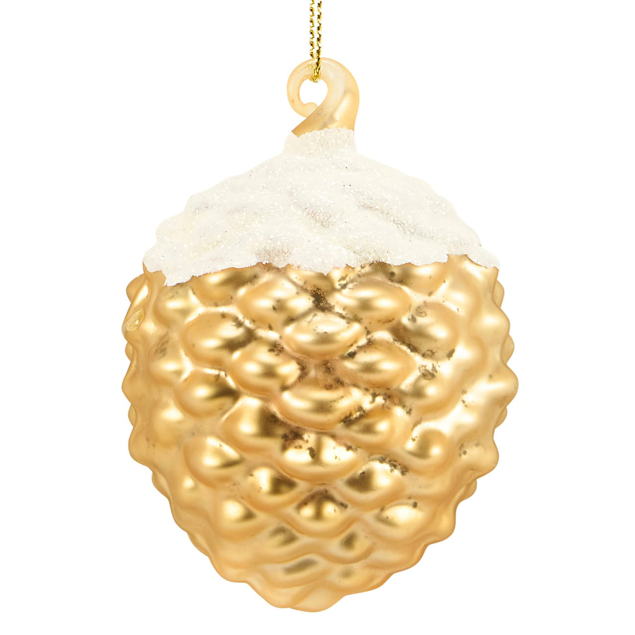 Gold-colored pinecone-shaped snowy deer glass ornament with glossy textured surface and white frosted top for year-round decor