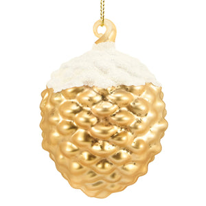 Gold-colored pinecone-shaped snowy deer glass ornament with glossy textured surface and white frosted top for year-round decor