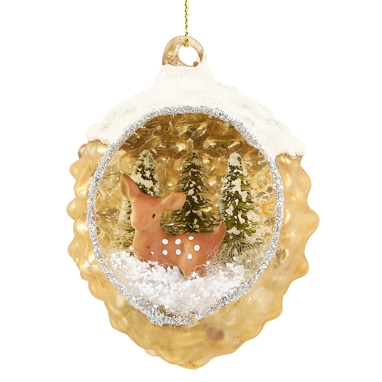 A golden textured glass christmas ornament with a snowy deer scene, vintage-inspired finish perfect for heart ornaments