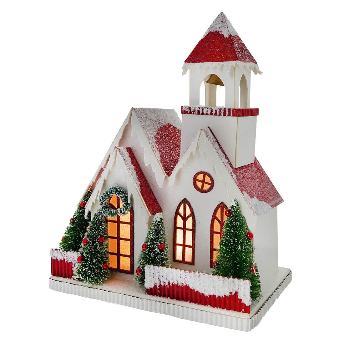 Snowy Glittered Red & White Lighted Cottage Church