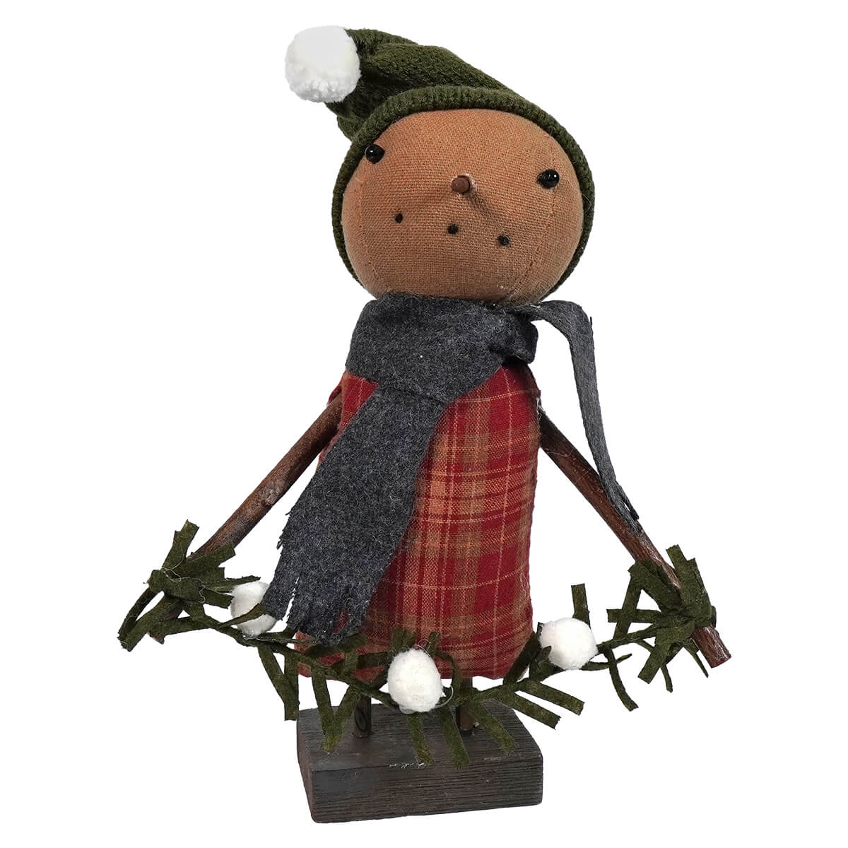 A rustic snowy sarah snowman doll by kari emerson design with brown fabric, green hat, red plaid scarf, and festive decor